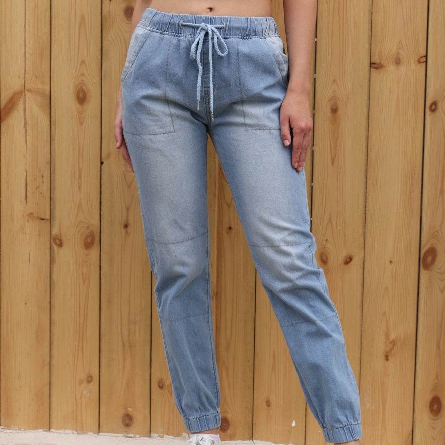 Casual Jeans Light Blue Elastic Waist String Trousers - MYLUXURY LANE ENTERPRISE