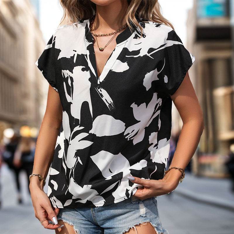 Women's Contrast Color Black And White V-neck Shirt - MYLUXURY LANE ENTERPRISE