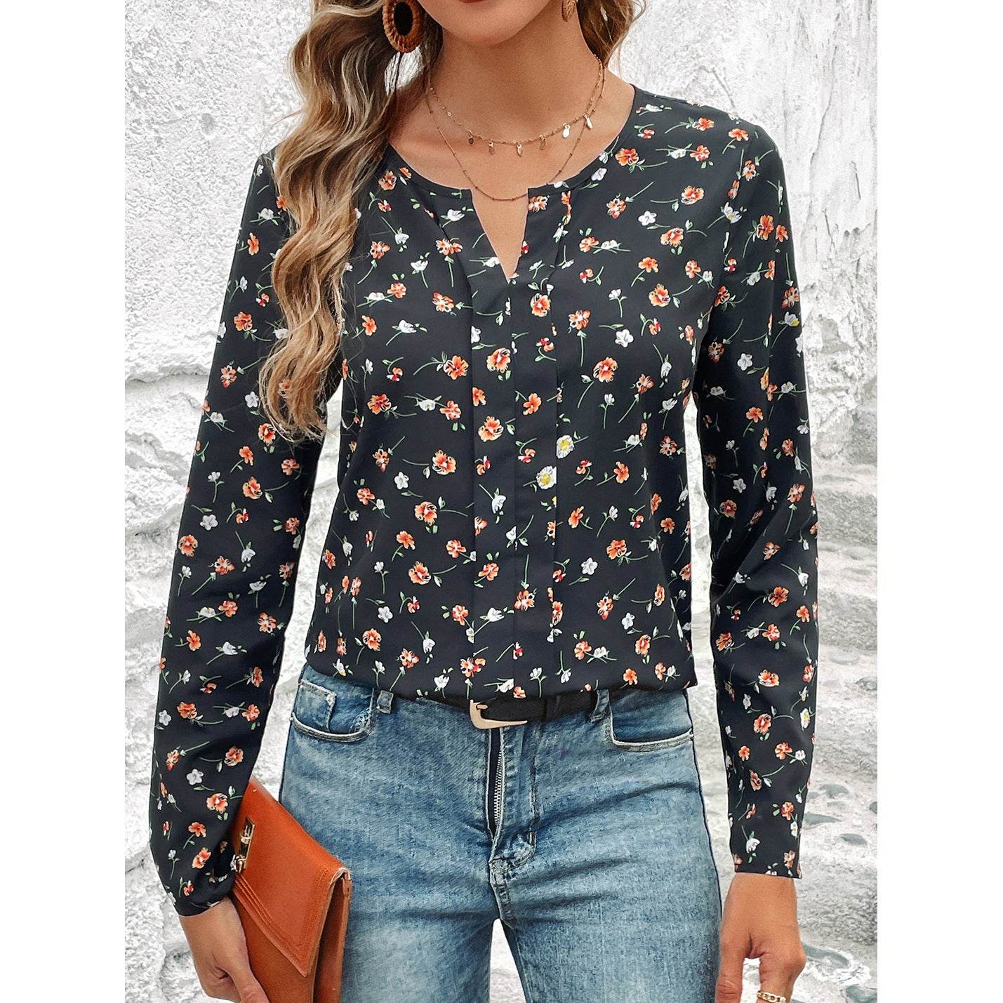 Women's Round-neck Floral Print Long Sleeve Top - MYLUXURY LANE ENTERPRISE