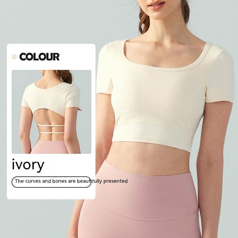 Women's Square Collar Backless Sports T-shirt With Chest Pad Running Fitness Top - MYLUXURY LANE ENTERPRISE