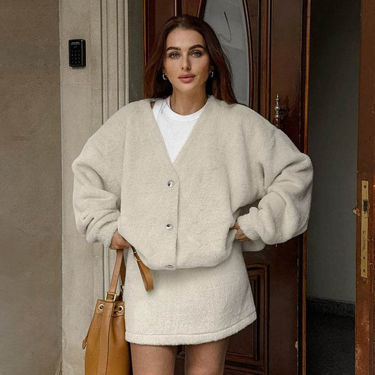 Polar Fleece Cardigan Short Skirt Two-piece Fashion Khaki Warm Lamb Wool Women's Clothing - MYLUXURY LANE ENTERPRISE
