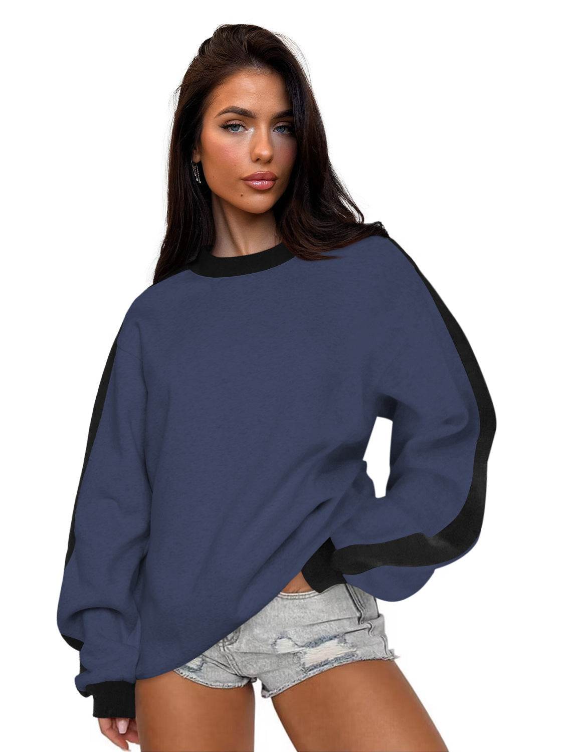 Women's Contrast Color Round Neck Loose Sweater Long-sleeved Top - MYLUXURY LANE ENTERPRISE
