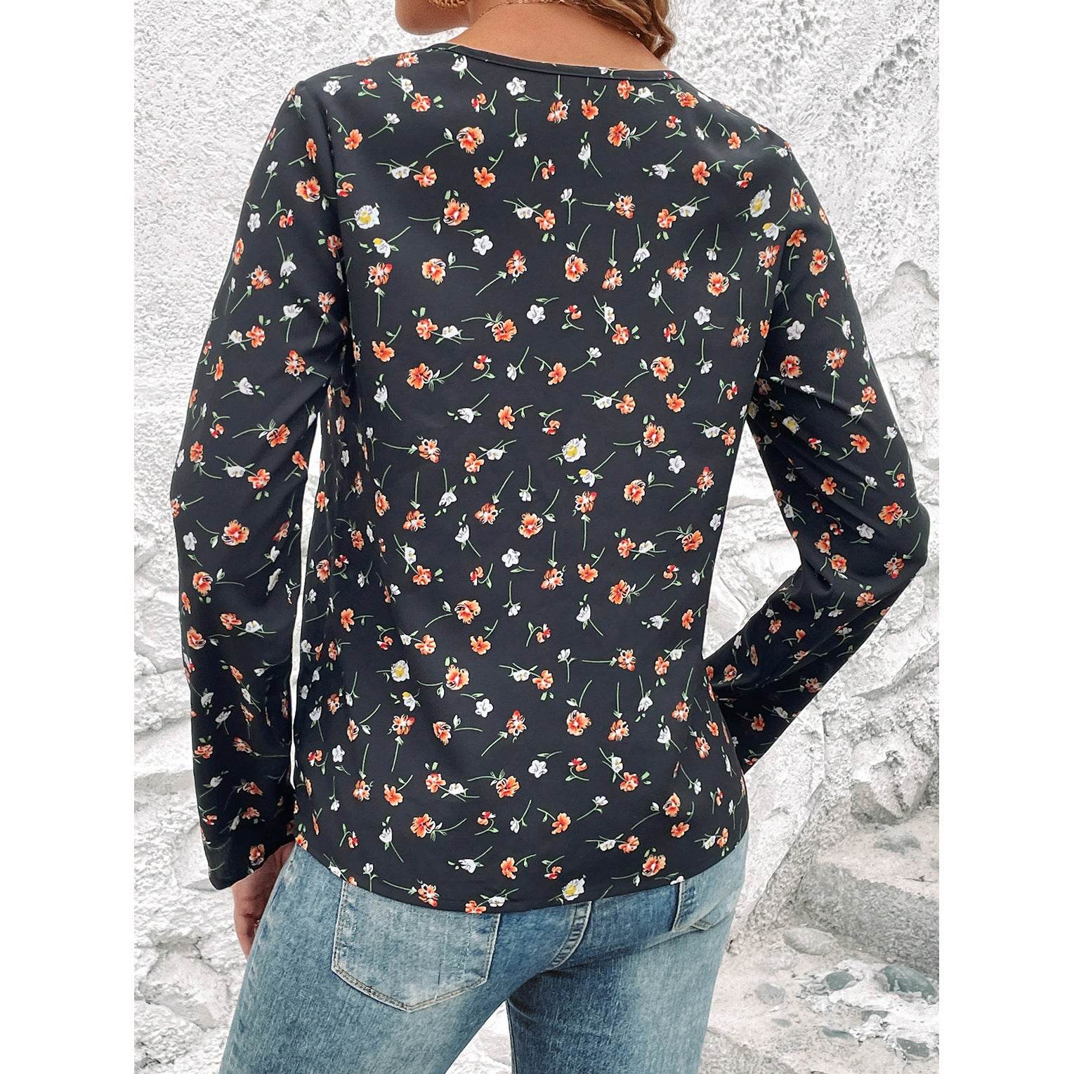 Women's Round-neck Floral Print Long Sleeve Top - MYLUXURY LANE ENTERPRISE