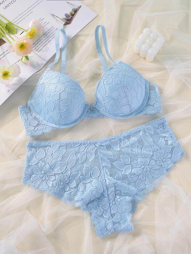 French Casual Steel Ring Lace Bra Panties Set Casual Push Up Fixed Cup Without Deformation - MYLUXURY LANE ENTERPRISE