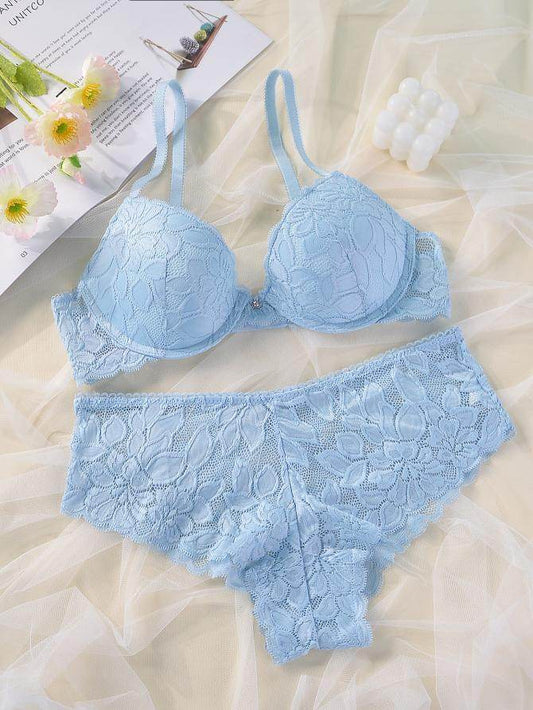 French Casual Steel Ring Lace Bra Panties Set Casual Push Up Fixed Cup Without Deformation - MYLUXURY LANE ENTERPRISE