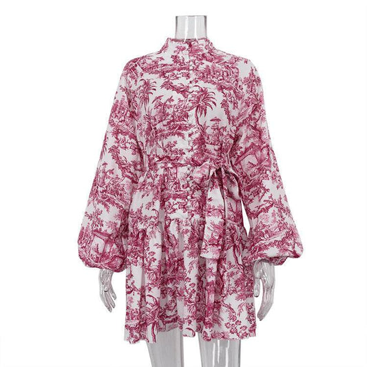 Ink Print Long Sleeve Short Dress With Fashion Puffy Sleeve Lapel Tie A-Line Dress Clothing - MYLUXURY LANE ENTERPRISE
