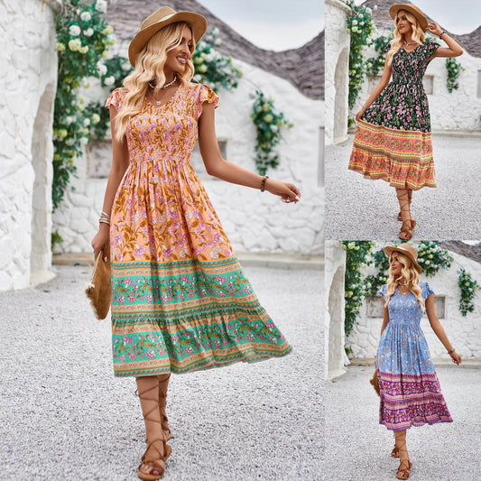 New Flowers Print V-neck Dress Summer Casual Ruffle Sleeveless Dresses Bohemian Holiday Beach Dress For Womens Clothing - MYLUXURY LANE ENTERPRISE