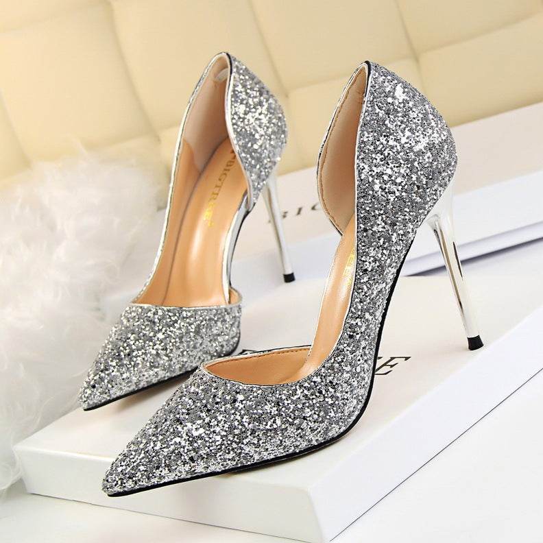 Skinny Women's Shoes Stiletto Heel Shallow Mouth Pointed Side Hollow-out Sequin - MYLUXURY LANE ENTERPRISE
