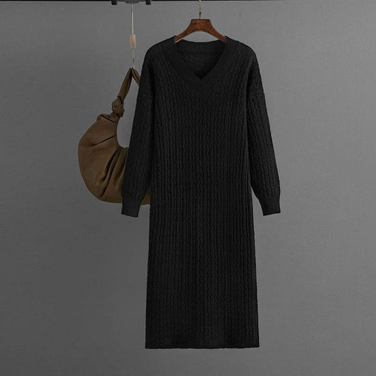 Knitting Dress V-neck Twist Bottoming Sweater Skirt Slit In The Back - MYLUXURY LANE ENTERPRISE