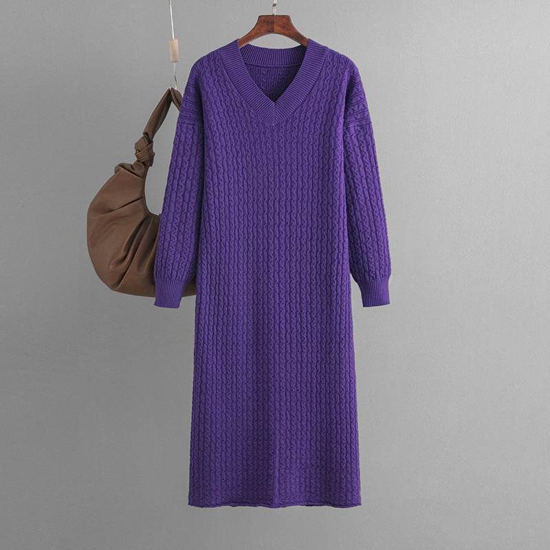 Knitting Dress V-neck Twist Bottoming Sweater Skirt Slit In The Back - MYLUXURY LANE ENTERPRISE