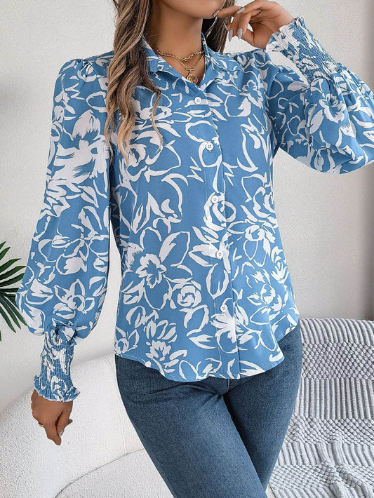 Elegant Contrast Color Flower Lantern Sleeve Lapel Shirt - MYLUXURY LANE ENTERPRISE