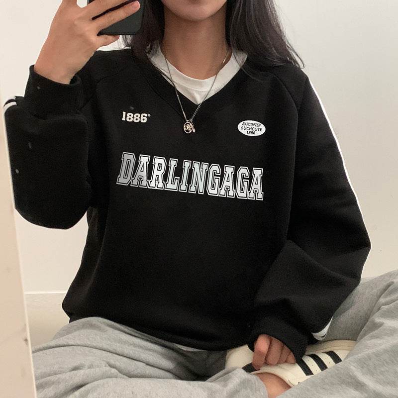 Women's Loose Casual Letter Printed Parallel Bars Contrast Color Coat - MYLUXURY LANE ENTERPRISE