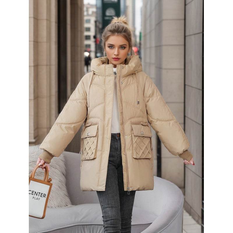 Winter Warm Hooded Coat With Pockets Fashion Solid Color Thicken Straight Cotton Jacket For Women Outerwear Clothing - MYLUXURY LANE ENTERPRISE