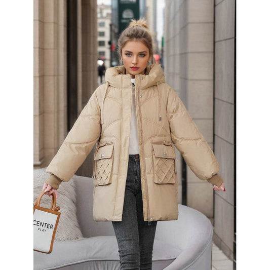 Winter Warm Hooded Coat With Pockets Fashion Solid Color Thicken Straight Cotton Jacket For Women Outerwear Clothing - MYLUXURY LANE ENTERPRISE