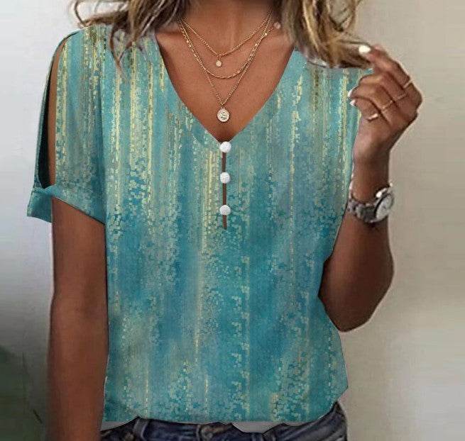 Flower Series 3D Printed V-neck Button T-shirt Top - MYLUXURY LANE ENTERPRISE