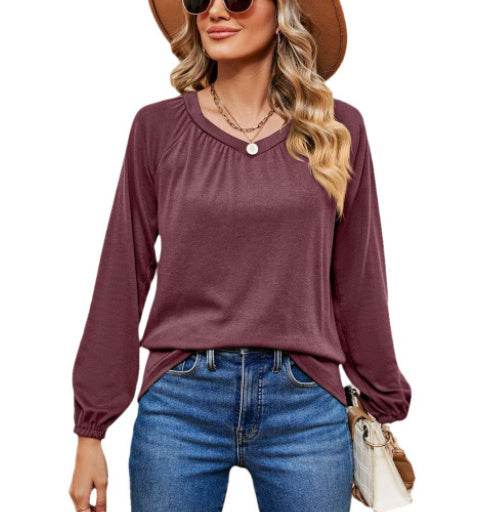 Elegant Lace Collar Long Sleeve Solid Color Top - MYLUXURY LANE ENTERPRISE