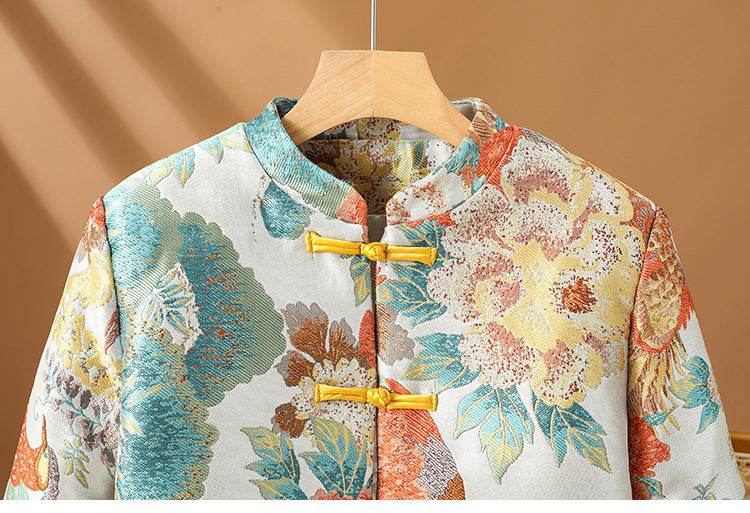For The Sake Of Beauty Jacquard Buckle Round Neck Vintage Coat - MYLUXURY LANE ENTERPRISE
