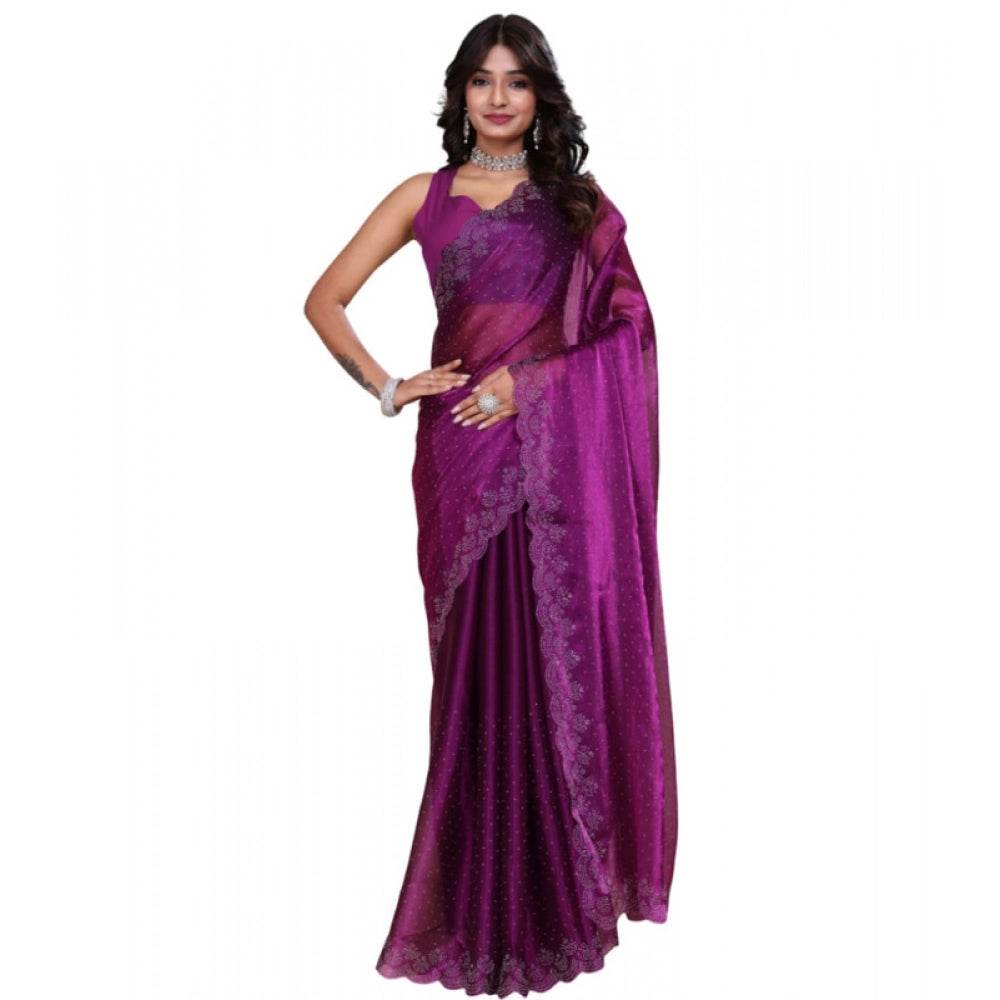 Generic Women's Tissue Pure Silk Embellished Bollywood Saree With Unstitched Blouse 5.5Mtr (Purple) - MYLUXURY LANE ENTERPRISE