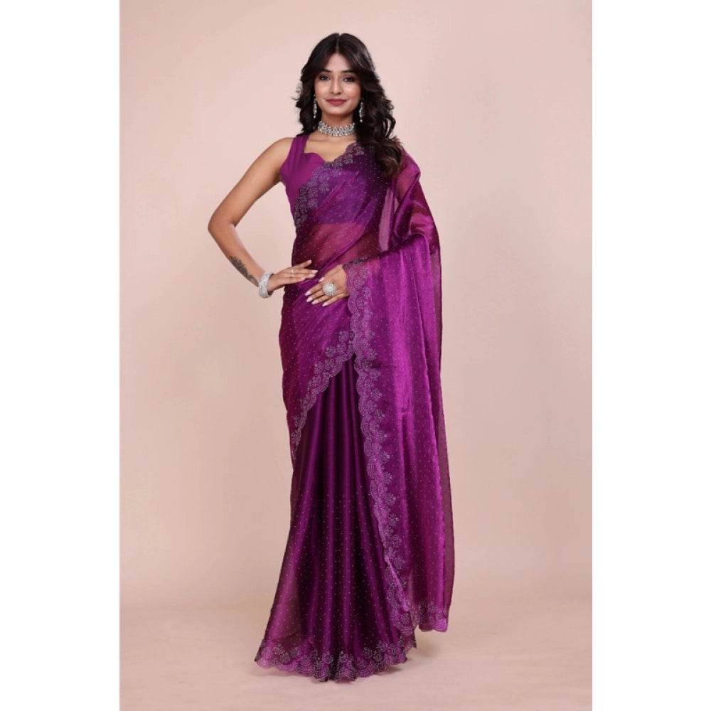 Generic Women's Tissue Pure Silk Embellished Bollywood Saree With Unstitched Blouse 5.5Mtr (Purple) - MYLUXURY LANE ENTERPRISE