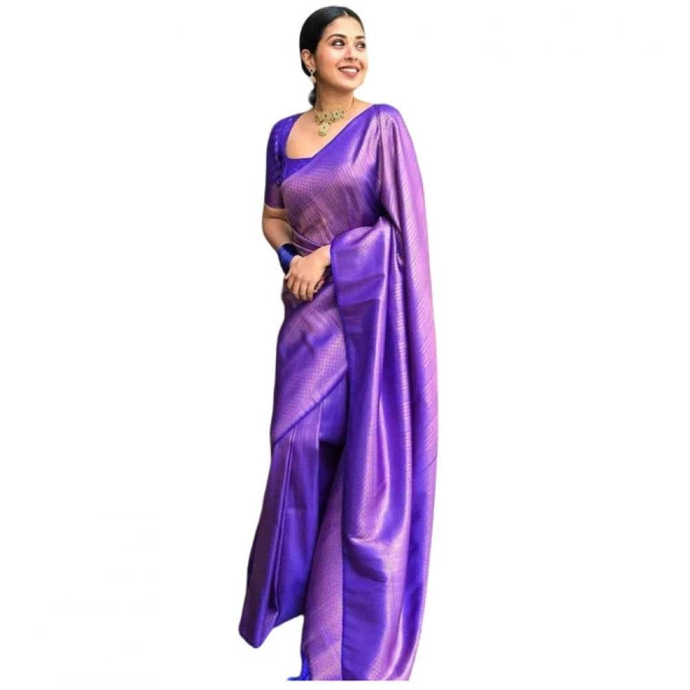 Generic Women's Litchi silk Printed Saree With Unstitched Blouse (Purple) - MYLUXURY LANE ENTERPRISE