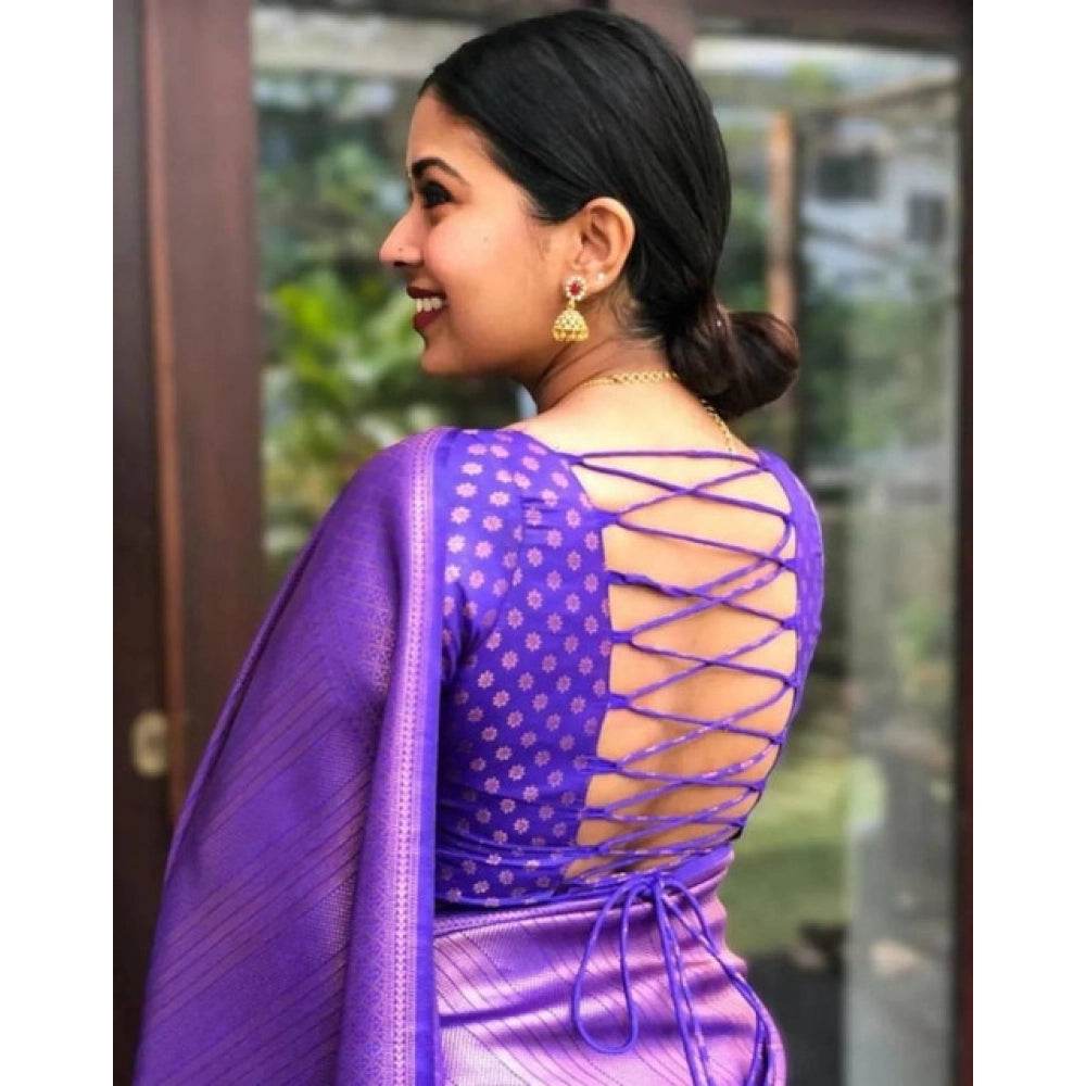 Generic Women's Litchi silk Printed Saree With Unstitched Blouse (Purple) - MYLUXURY LANE ENTERPRISE