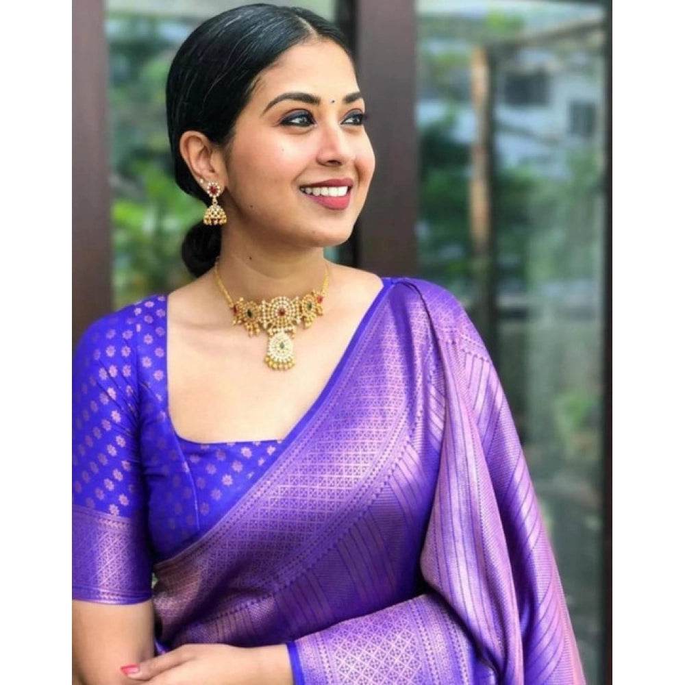 Generic Women's Litchi silk Printed Saree With Unstitched Blouse (Purple) - MYLUXURY LANE ENTERPRISE