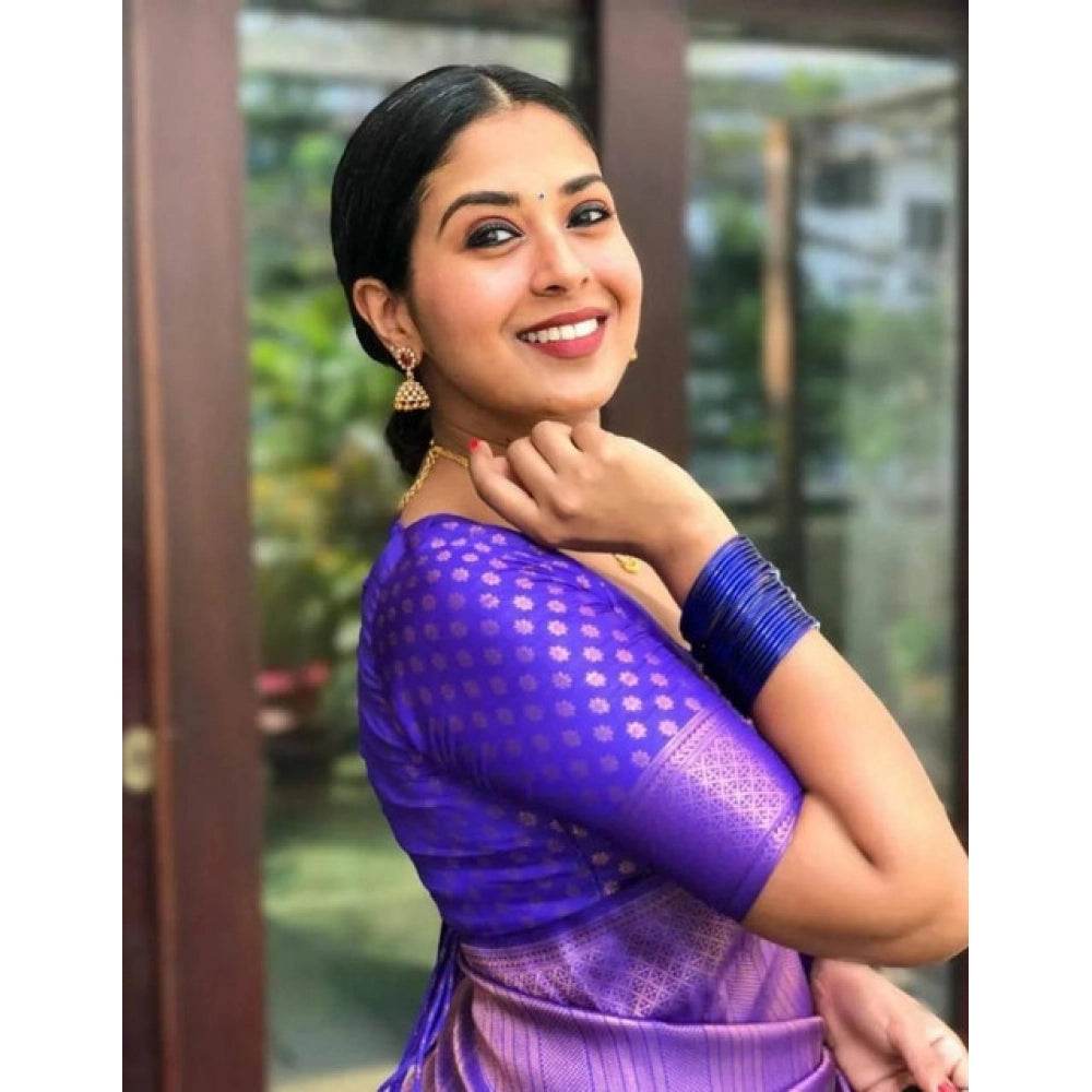 Generic Women's Litchi silk Printed Saree With Unstitched Blouse (Purple) - MYLUXURY LANE ENTERPRISE