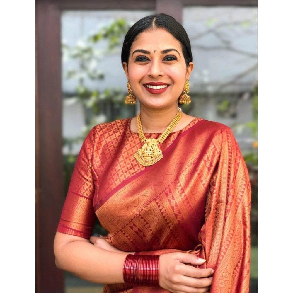 Generic Women's Litchi silk Printed Saree With Unstitched Blouse (Red) - MYLUXURY LANE ENTERPRISE