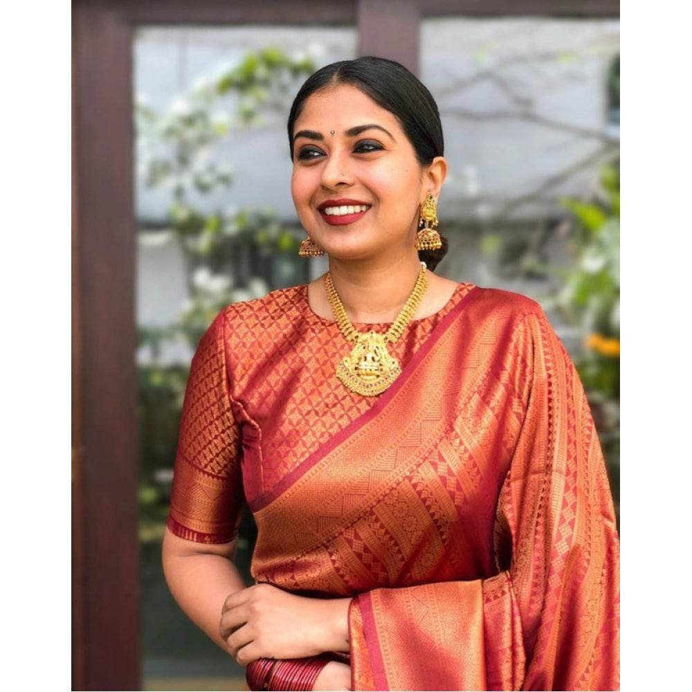 Generic Women's Litchi silk Printed Saree With Unstitched Blouse (Red) - MYLUXURY LANE ENTERPRISE