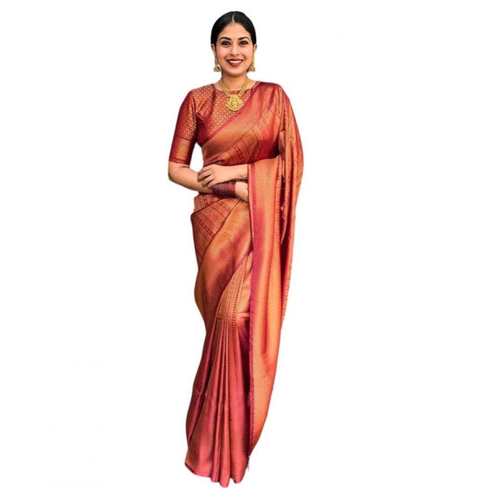 Generic Women's Litchi silk Printed Saree With Unstitched Blouse (Red) - MYLUXURY LANE ENTERPRISE