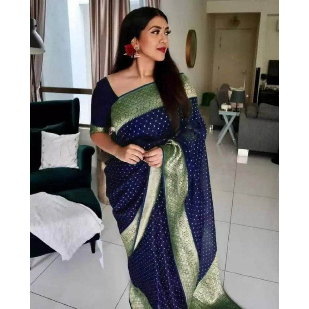 Generic Women's Litchi silk Printed Saree With Unstitched Blouse (Blue) - MYLUXURY LANE ENTERPRISE