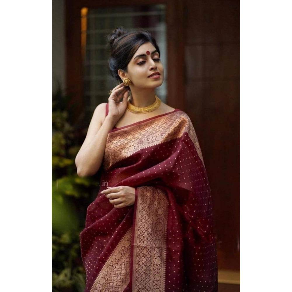 Generic Women's Litchi silk Printed Saree With Unstitched Blouse (Maroon) - MYLUXURY LANE ENTERPRISE