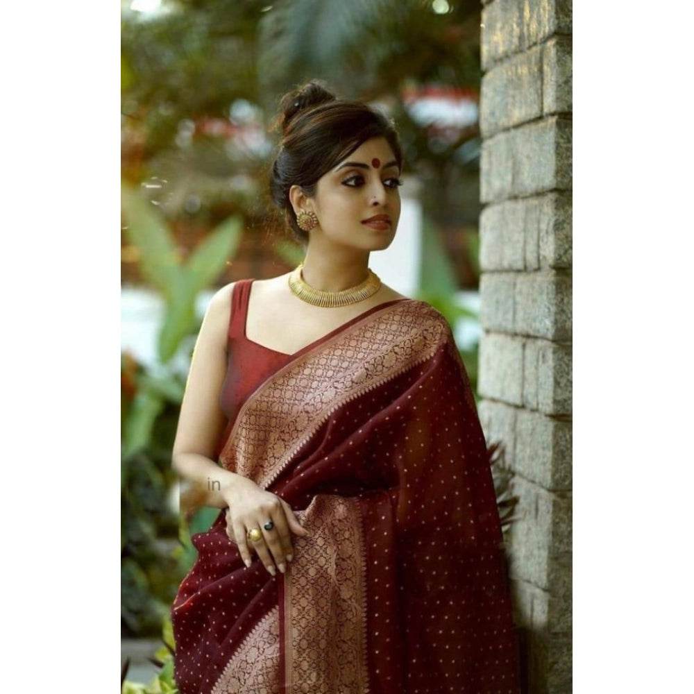 Generic Women's Litchi silk Printed Saree With Unstitched Blouse (Maroon) - MYLUXURY LANE ENTERPRISE