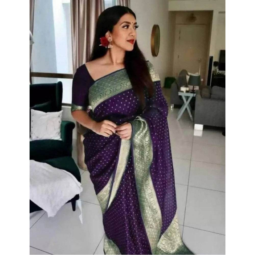 Generic Women's Litchi silk Printed Saree With Unstitched Blouse (Purple) - MYLUXURY LANE ENTERPRISE