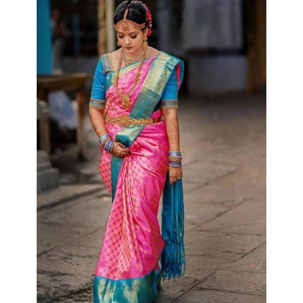 Generic Women's Litchi silk Printed Saree With Unstitched Blouse (Pink) - MYLUXURY LANE ENTERPRISE
