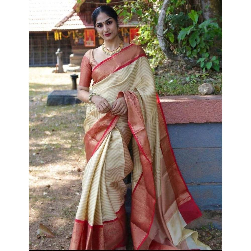 Generic Women's Litchi silk Printed Saree With Unstitched Blouse (Beige) - MYLUXURY LANE ENTERPRISE