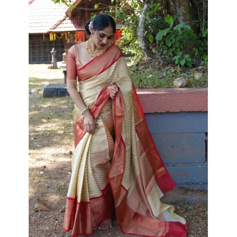 Generic Women's Litchi silk Printed Saree With Unstitched Blouse (Beige) - MYLUXURY LANE ENTERPRISE