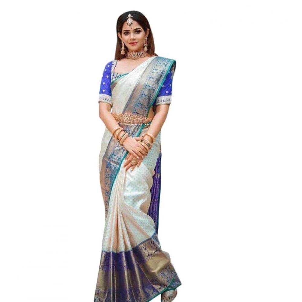 Generic Women's Litchi silk Printed Saree With Unstitched Blouse (Off White) - MYLUXURY LANE ENTERPRISE