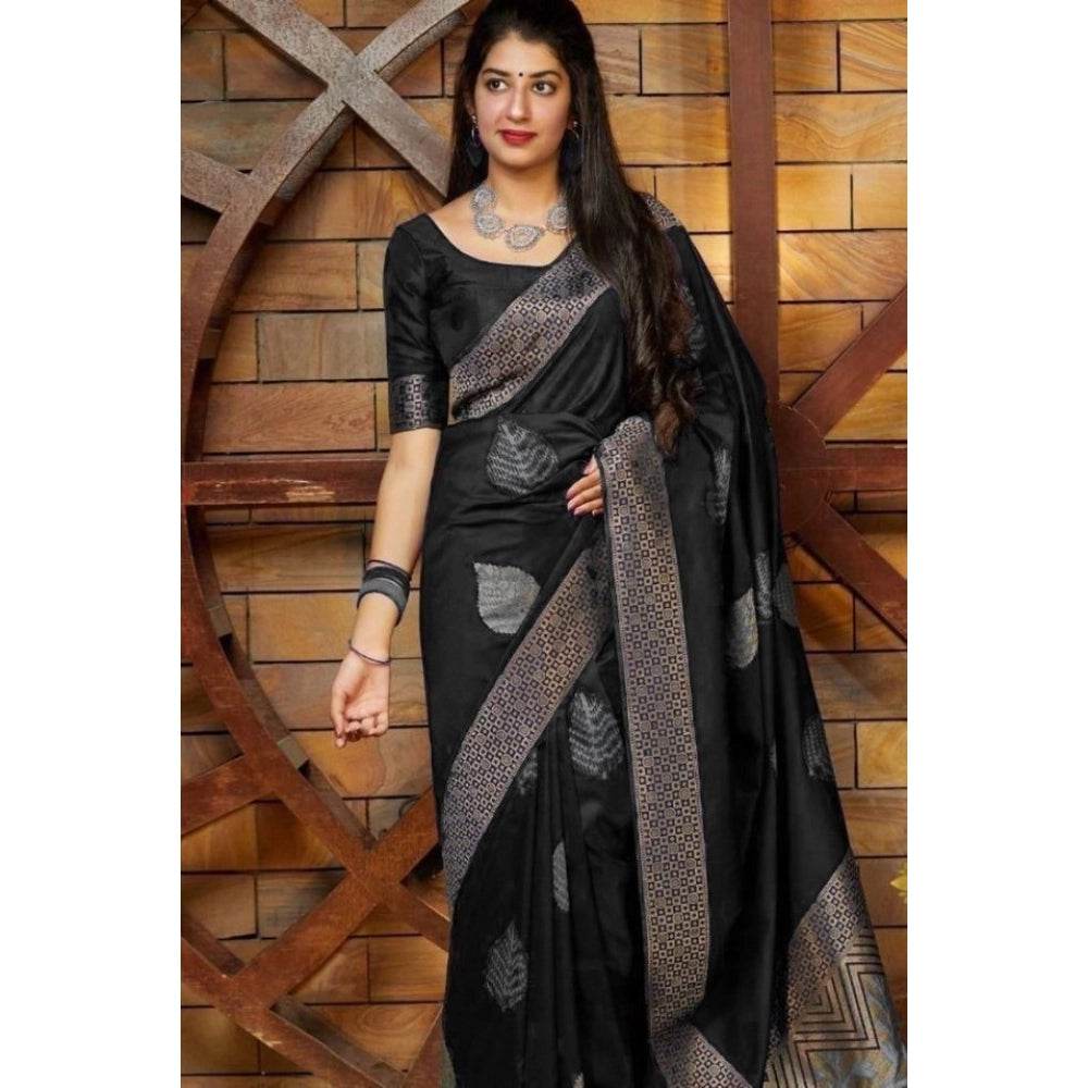 Generic Women's Litchi silk Printed Saree With Unstitched Blouse (Black) - MYLUXURY LANE ENTERPRISE