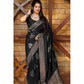 Generic Women's Litchi silk Printed Saree With Unstitched Blouse (Black) - MYLUXURY LANE ENTERPRISE