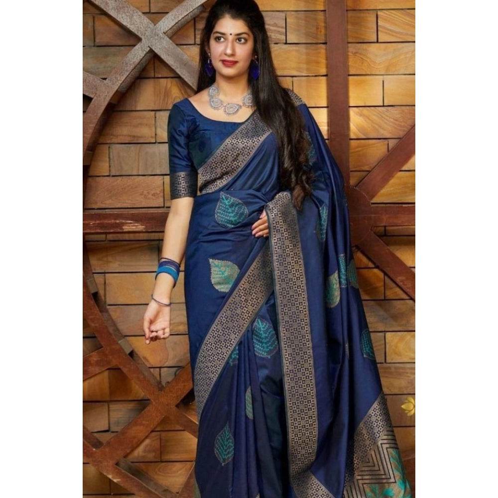 Generic Women's Litchi silk Printed Saree With Unstitched Blouse (Blue) - MYLUXURY LANE ENTERPRISE