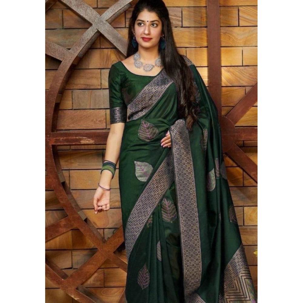 Generic Women's Litchi silk Printed Saree With Unstitched Blouse (Green) - MYLUXURY LANE ENTERPRISE