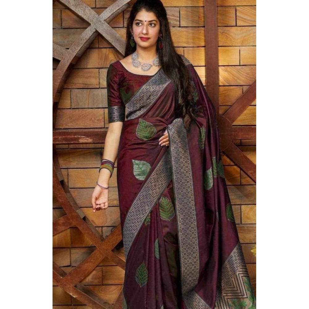 Generic Women's Litchi silk Printed Saree With Unstitched Blouse (Maroon) - MYLUXURY LANE ENTERPRISE