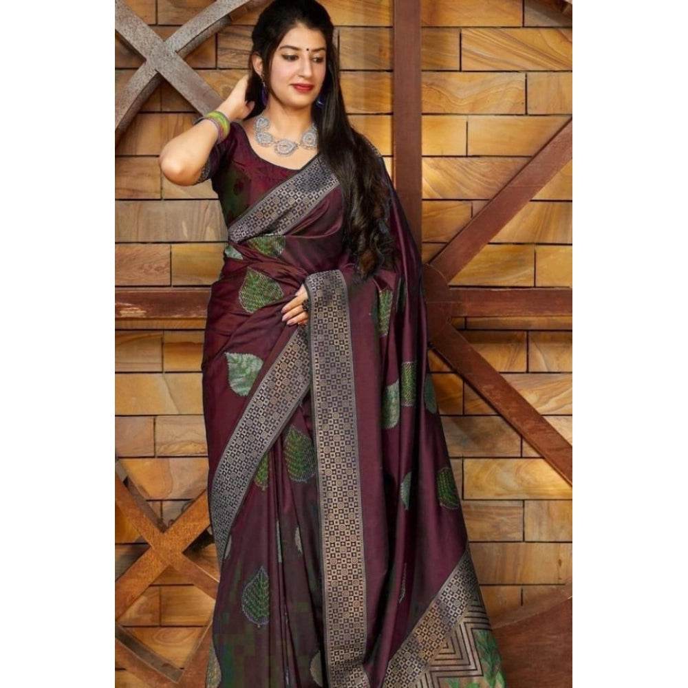 Generic Women's Litchi silk Printed Saree With Unstitched Blouse (Maroon) - MYLUXURY LANE ENTERPRISE