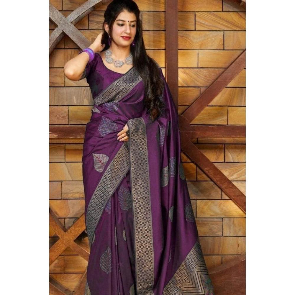 Generic Women's Litchi silk Printed Saree With Unstitched Blouse (Purple) - MYLUXURY LANE ENTERPRISE