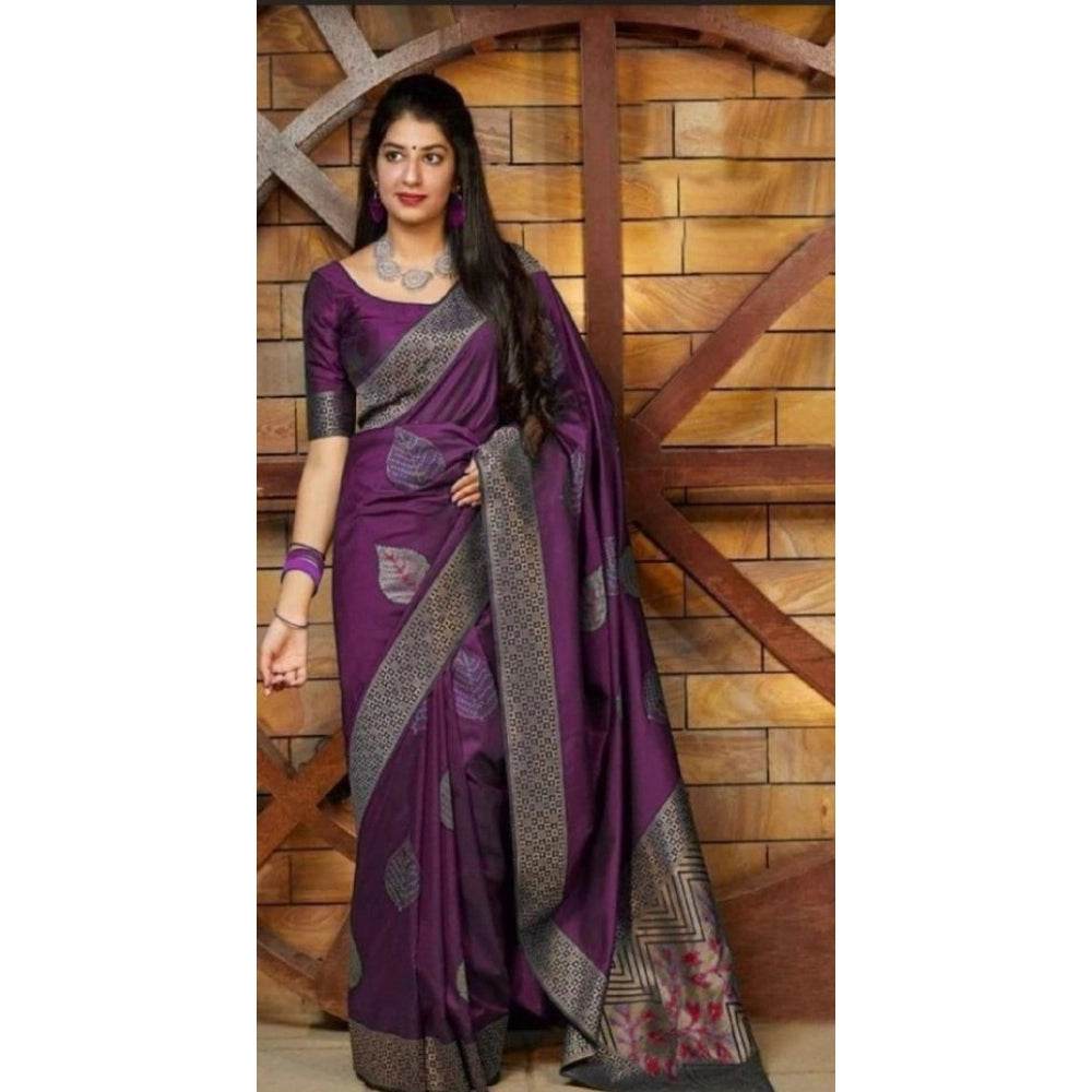 Generic Women's Litchi silk Printed Saree With Unstitched Blouse (Purple) - MYLUXURY LANE ENTERPRISE