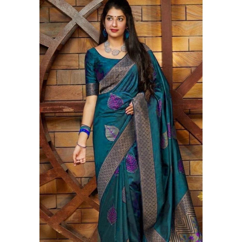 Generic Women's Litchi silk Printed Saree With Unstitched Blouse (Rama Blue) - MYLUXURY LANE ENTERPRISE