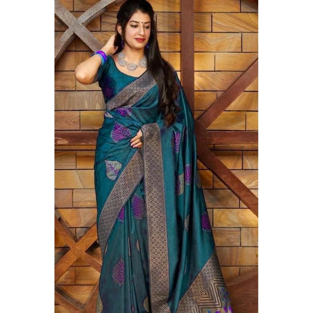 Generic Women's Litchi silk Printed Saree With Unstitched Blouse (Rama Blue) - MYLUXURY LANE ENTERPRISE
