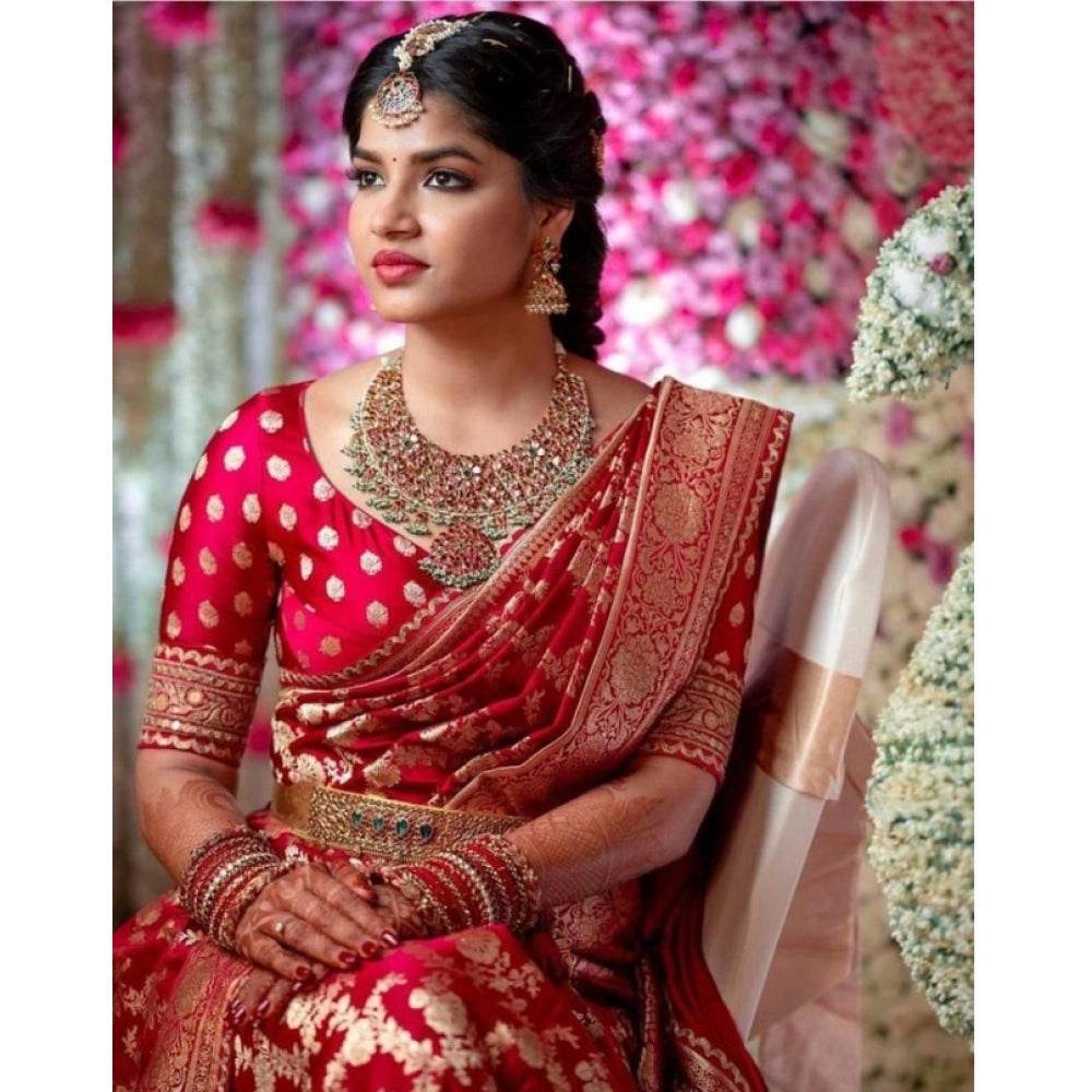 Generic Women's Litchi silk Printed Saree With Unstitched Blouse (Red) - MYLUXURY LANE ENTERPRISE