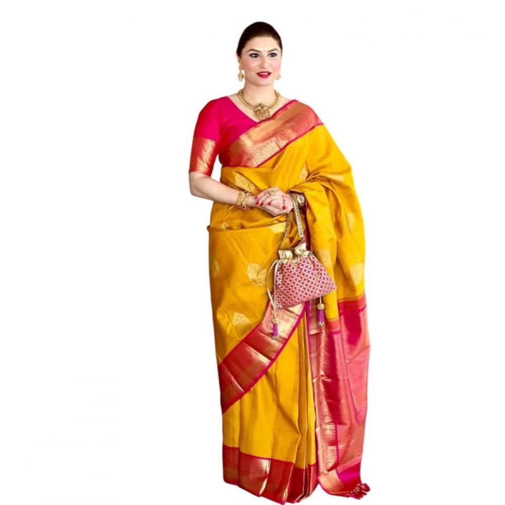 Generic Women's Litchi silk Printed Saree With Unstitched Blouse (Yellow) - MYLUXURY LANE ENTERPRISE